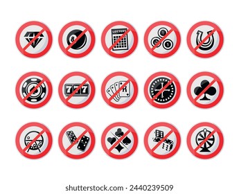 No gambling red crossed circle badge black minimalist label set vector illustration. Gamble forbidden emblem not playing cards bowling lottery lotto poker casino domino dice warning information label