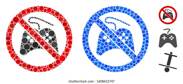 No gamepad mosaic of circle elements in different sizes and color tones, based on no gamepad icon. Vector circle elements are organized into blue illustration.