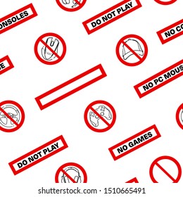 No games. No consoles. No gamepad seamless pattern. No joystick sign. Forbidden gamepad icon. Prohibited gaming icon set line sign design. Do not play games. Stickers. Line concept isolated background