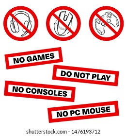 No games. No consoles. No gamepad set icon. No joystick sign. Forbidden gamepad icon. Prohibited gaming icon set, line sign design. Do not play games. Stickers. Line concept art with isolated back