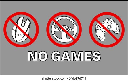 No games. No gamepad set icon. No joystick sign. Forbidden gamepad icon. Prohibited gaming icon set, line sign design. Do not play games. Line concept art.