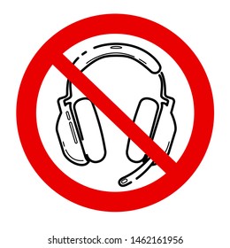 No games. No headphone icon. Forbidden gamephone icon. Prohibited gaming  line sign design. Line concept art with izolated back