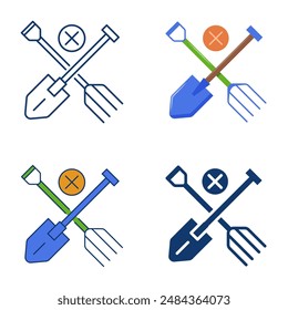 No garden instruments icon set in flat and line style. Shovel and pitchfork. Vector illustration