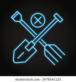 No garden instruments neon icon. Shovel and pitchfork. Vector illustration
