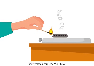 No gas. gas crisis. Turned off the gas. A man's hand lights a gas burner with a match. Vector illustration.