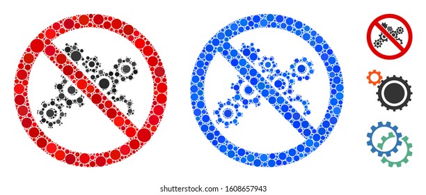 No gears mosaic of spheric dots in various sizes and color tinges, based on no gears icon. Vector round dots are composed into blue mosaic. Dotted no gears icon in usual and blue versions.