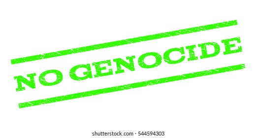 No Genocide watermark stamp. Text tag between parallel lines with grunge design style. Rubber seal stamp with unclean texture. Vector light green color ink imprint on a white background.