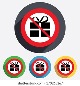 No Gift box sign icon. Present symbol. Red circle prohibition sign. Stop flat symbol. Vector
