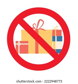 No gift and present to holiday christmas or birthday, ban and prohibition. Vector illustration. Gift prohibit, ban sign, celebration prohibitory symbol, christmas red no rule, surprise ribbon