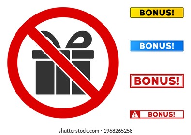 No Gift sign with words in rectangle frames. Illustration style is a flat iconic symbol inside red crossed circle on a white background. Simple No Gift vector sign, designed for rules, restrictions,