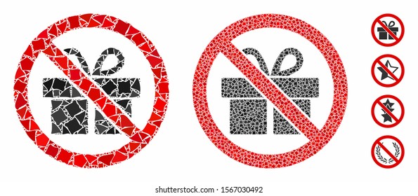 No gifts composition of tremulant elements in various sizes and color hues, based on no gifts icon. Vector tremulant dots are composed into composition. No gifts icons collage with dotted pattern.