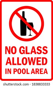 No glass allowed in pool area sign. Bottle with wine glass silhouette graphics.