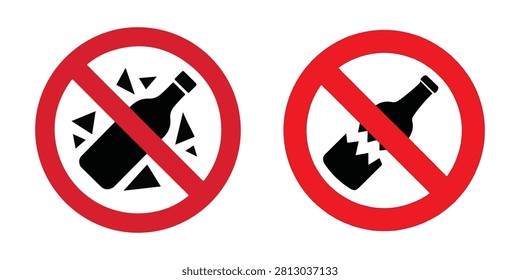 no glass bottle vector icons, forbidden signs for breaking glass, red circles with broken bottles.