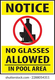 No glasses allowed in pool area sign vector