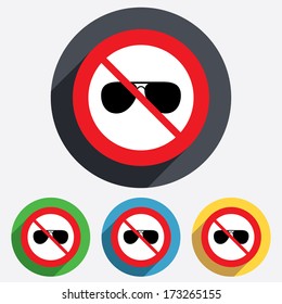 No glasses. Aviator sunglasses sign icon. Pilot glasses button. Red circle prohibition sign. Stop flat symbol. Vector