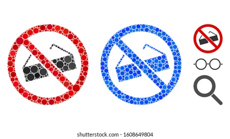 No glasses mosaic of circle elements in variable sizes and color tints, based on no glasses icon. Vector circle elements are united into blue mosaic. Dotted no glasses icon in usual and blue versions.
