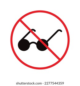 Ningún icono vectorial de gafas. Diseño de gafas planas prohibidas. Icono prohibido de lentes. Advertencia, precaución, atención, etiqueta de restricción prohibir el símbolo de peligro pictograma. No llevar icono de gafas