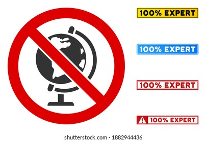 No hay ningún signo de modelo global con subtítulos en marcos rectangulares. El estilo de ilustración es un símbolo icónico plano dentro de un círculo cruzado rojo sobre un fondo blanco. Simple No Global Model vector sign,