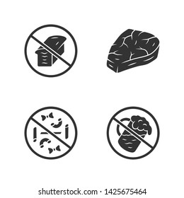 No gluten diet glyph icons set. Zero carbs, carnivore eating. Alcohol free drink. Pastry products refuse signs. Silhouette symbols. Macaroni, bread loaf, meat steak vector isolated illustration