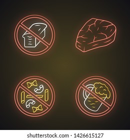 No gluten diet neon light icons set. Zero carbs, carnivore eating. Glowing signs. Alcohol free drink. Pastry products refuse signs. Macaroni, bread loaf, meat steak vector isolated illustrations