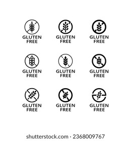 No gluten on food labels for packaging or ingredients. Food dietary label for product. No wheat symbol of allergen. Isolated gluten free icon set. Vector illustration.Design on white background. EPS10