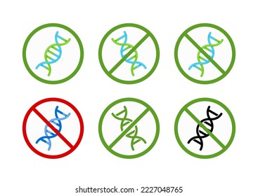 No gmo sign with dna in red circle isolated on white background. DNA concept. Gm science product. Vector flat cartoon illustration.