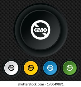 No GMO sign icon. Without Genetically modified food. Stop GMO. Round colourful buttons on black texture. Vector