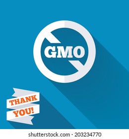 No GMO sign icon. Without Genetically modified food. Stop GMO. White flat icon with long shadow. Paper ribbon label with Thank you text. Vector