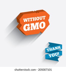 No GMO sign icon. Without Genetically modified food. Stop GMO. White icon on orange 3D piece of wall. Carved in stone with long flat shadow. Vector
