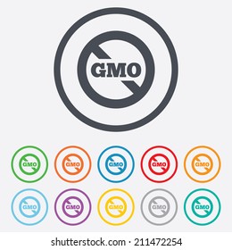 No GMO sign icon. Without Genetically modified food. Stop GMO. Round circle buttons with frame. Vector