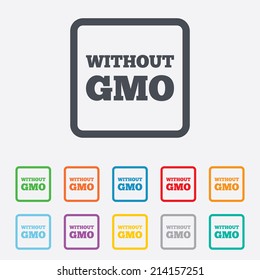 No GMO sign icon. Without Genetically modified food. Stop GMO. Round squares buttons with frame. Vector