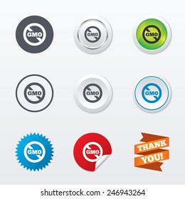 No GMO sign icon. Without Genetically modified food. Stop GMO. Circle concept buttons. Metal edging. Star and label sticker. Vector