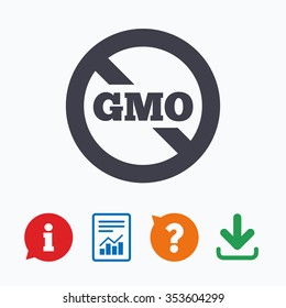 No GMO sign icon. Without Genetically modified food. Stop GMO. Information think bubble, question mark, download and report.