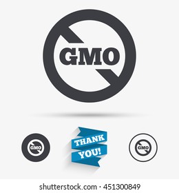 No GMO sign icon. Without Genetically modified food. Stop GMO. Flat icons. Buttons with icons. Thank you ribbon. Vector