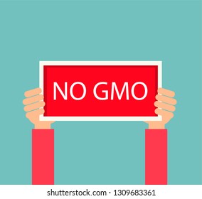 No GMO text. Man holding plate with Anti-GMO message. Vector illustration