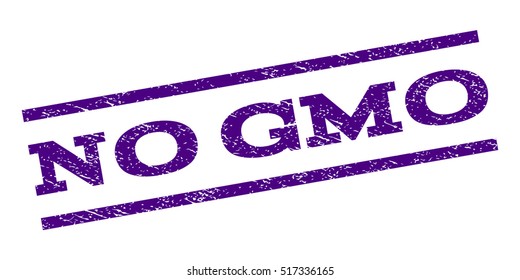 No Gmo watermark stamp. Text caption between parallel lines with grunge design style. Rubber seal stamp with scratched texture. Vector indigo blue color ink imprint on a white background.