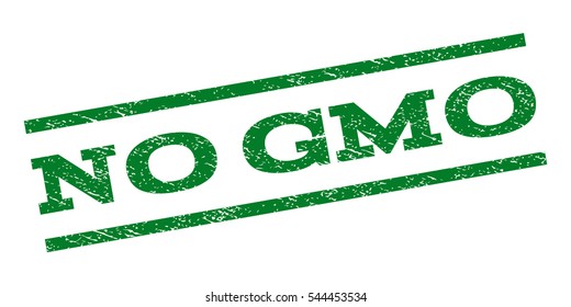 No Gmo watermark stamp. Text tag between parallel lines with grunge design style. Rubber seal stamp with scratched texture. Vector green color ink imprint on a white background.