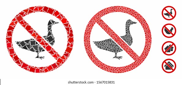 No goose mosaic of uneven items in various sizes and color hues, based on no goose icon. Vector tremulant pieces are composed into collage. No goose icons collage with dotted pattern.