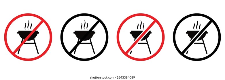 No Grill or BBQ Allowed Sign Set – Flat Vector Icons of Barbecue Prohibition and Chargrill Restrictions