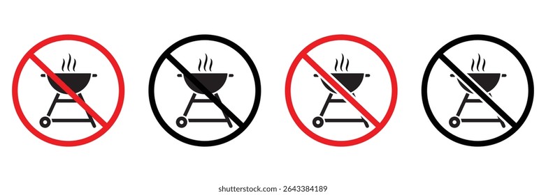 No Grill or BBQ Allowed Sign Set – Flat Vector Icons of Barbecue Prohibition and Chargrill Restrictions