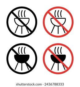 No Grill Sign Icon Set. BBQ cooking forbidden vector symbol in a black filled and outlined style. Fire Ban Sign.