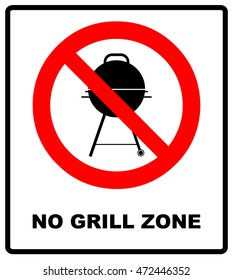 No grill zone symbol, No bbq allowed - ban sign. Vector warning banner for public places, beaches, outdoors, parks, forestes. Exclamation point, general red prohibition circle isolated on white.