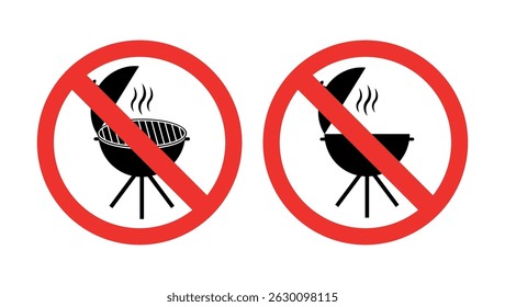 no grilling signs with red prohibition circles over black barbecue grills showing cooking is not allowed