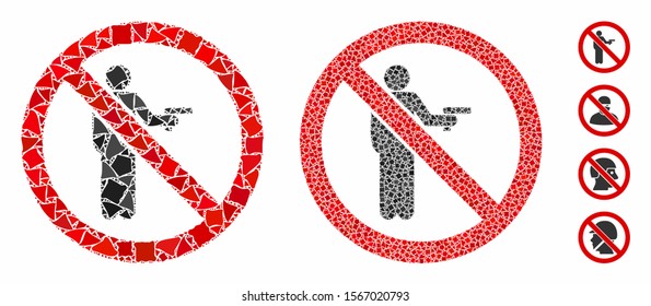 No gun using mosaic of rough parts in various sizes and color hues, based on no gun using icon. Vector joggly parts are grouped into collage. No gun using icons collage with dotted pattern.