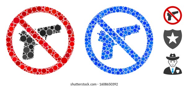No guns mosaic of round dots in variable sizes and color tints, based on no guns icon. Vector round dots are united into blue mosaic. Dotted no guns icon in usual and blue versions.