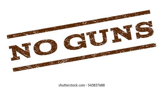 No Guns watermark stamp. Text tag between parallel lines with grunge design style. Rubber seal stamp with dust texture. Vector brown color ink imprint on a white background.