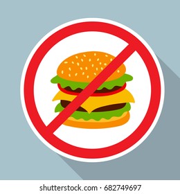 No hamburger allowed sign.  Fast food danger label. Vector illustration for your cute design.