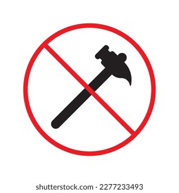 No hammer icon. Forbidden hammer icon. No tools vector sign. Prohibited toolkit vector icon. Warning, caution, attention, restriction label ban flat sign design. No instruments symbol pictogram