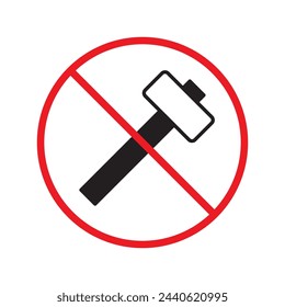 No hammer icon. Forbidden hammer icon. No tools vector sign. Prohibited toolkit vector icon. Warning, caution, attention, restriction label ban flat sign design. No instruments symbol pictogram