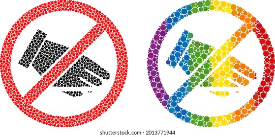 No hand collage icon of spheric dots in various sizes and rainbow colored shades. A dotted LGBT-colored no hand for lesbians, gays, bisexuals, and transgenders. Vector icon in LGBT flag colors.